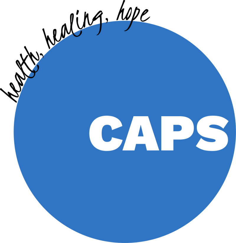Blue circle with white text reading "CAPS" and black text reading "health, healing, hope"