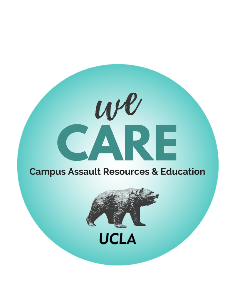 Teal circle with text reading "We CARE, Campus Assault Resources & Education" hovering above the Bruin Bear statue above text reading "UCLA"