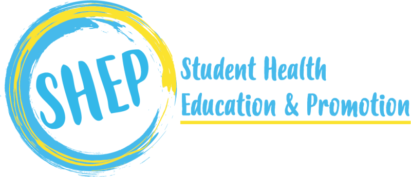 A blue and yellow circle containing the letters "SHEP," followed by the words "Student Health Education & Promotion"
