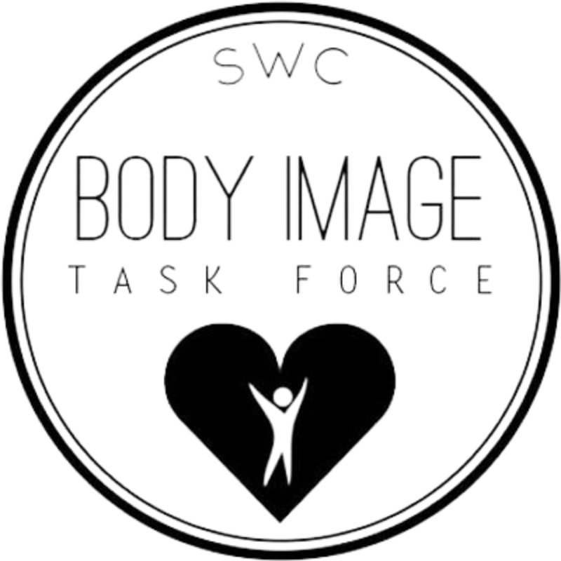 A black ring with text inside reading "SWC, Body Image Task Force" above a silhouette of a person jumping inside a heart symbol
