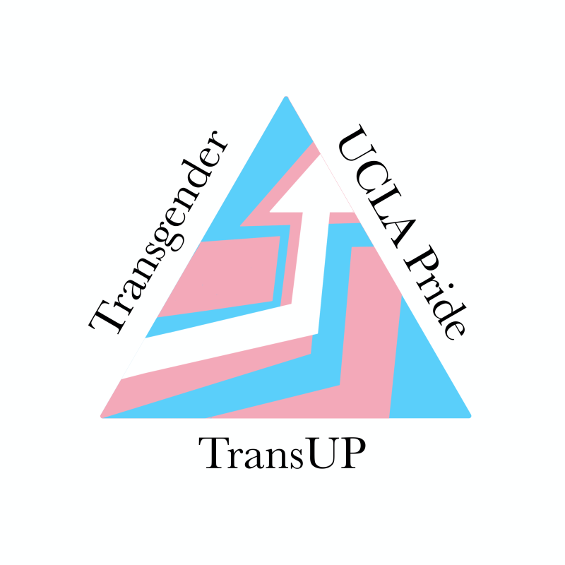 A blue and pink triangle with a cutout of an arrow; On the three sides of the triangle is the text "Transgender," "UCLA Pride," and "TransUP"